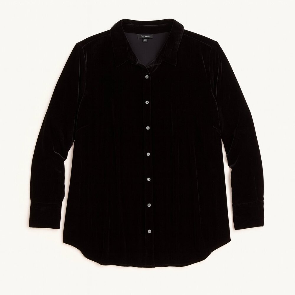 Talbots Plus 2X Black Velvet‎ Button-Up Shirt Collared Longline Witchy Holiday